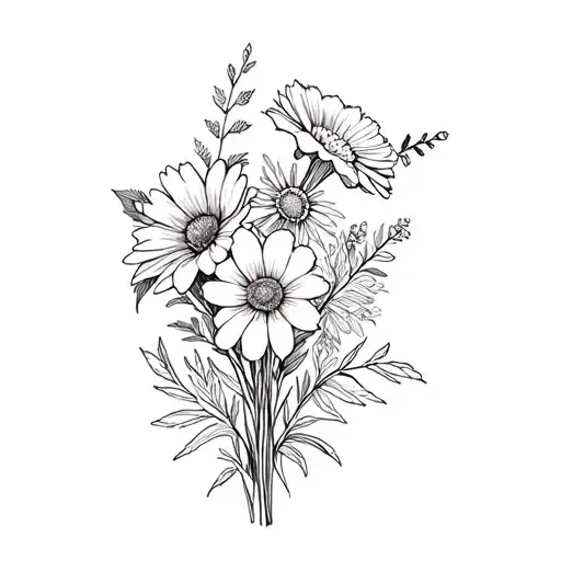 Draw a tattoo of March, May, September, September, October birth flowers as a bouquet tattoo design idea