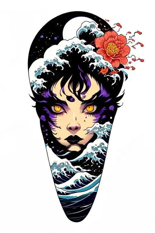 cyberpunk purple version of great wave woodcut style tattoo design idea