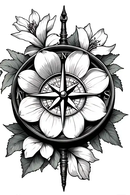 compass with clematis flower tattoo design idea