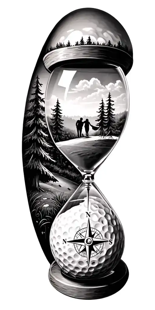 family and forest and hour glass and compass golf course golf ball tattoo design idea