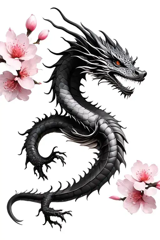 dragon cherry blossom black and white pink tattoo design idea