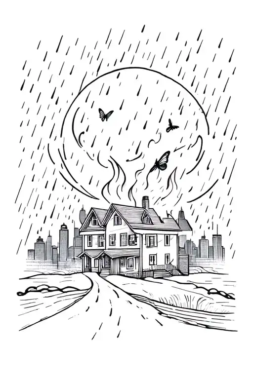 Flame / burning house, rain on asphalt, full moon over skyline, storm, waterfall, raven, wolf, butterfly, graffi tattoo design idea