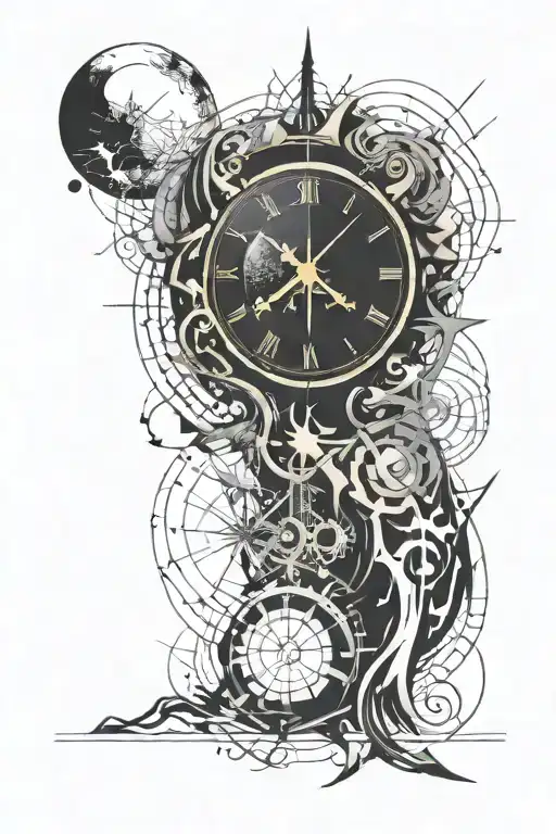 Clock with 12:00 AM as main focus. With the moon, the sun and the earth, with a small capricorn sign tattoo design idea