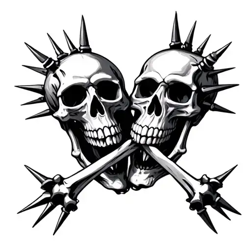 skulls with spikes crossed over each other, middle skull has skeleton tattoo design idea