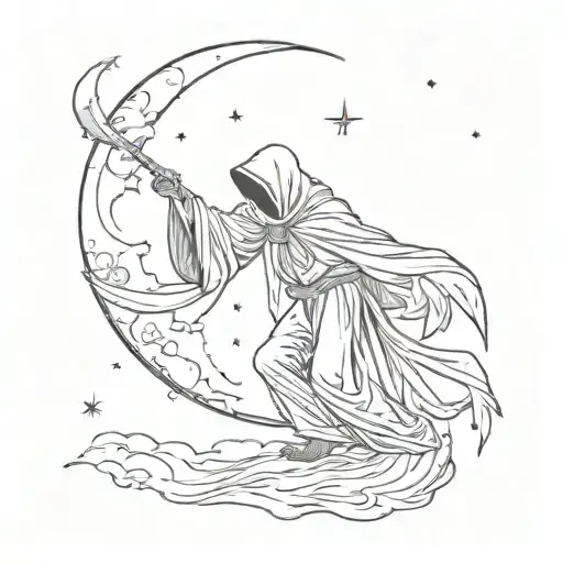 The Grim Reaper, posture: he has power, stands on moon. Male angel kisses his hand, starry sky tattoo design idea