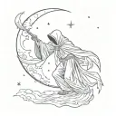 The Grim Reaper, posture: he has power, stands on moon. Male angel kisses his hand, starry sky tattoo design idea