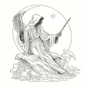 The Grim Reaper, posture: he has power, stands on moon. Male angel kisses his hand, starry sky tattoo design idea