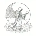 The Grim Reaper, posture: he has power, stands on moon. Male angel kisses his hand, starry sky tattoo design idea