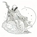 The Grim Reaper, posture: he has power, stands on moon. Male angel kisses his hand, starry sky tattoo design idea
