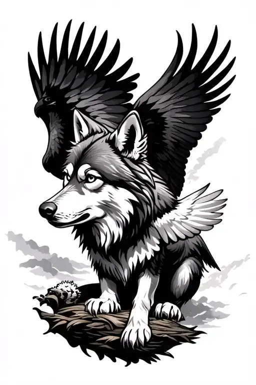 I want wolf with eagle flying tattoo design idea