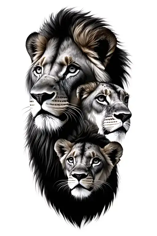 lion and lioness and 2 cubs face only way tattoo design idea