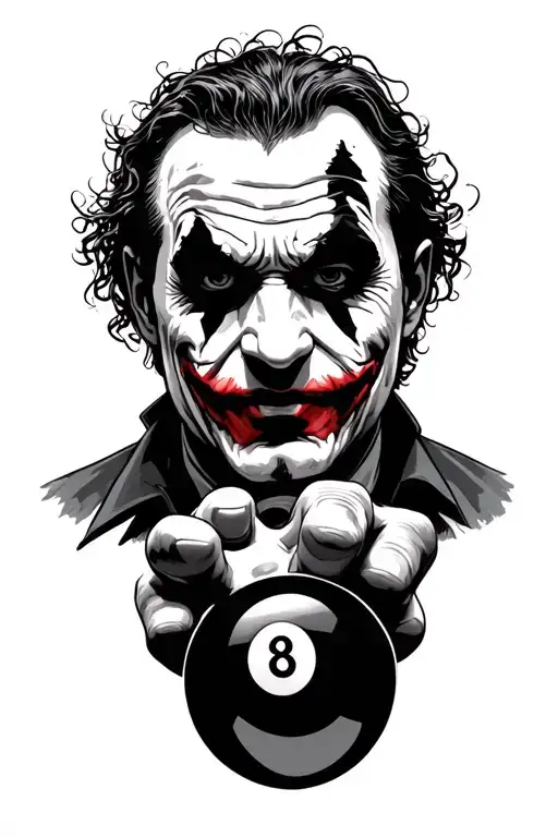 heath ledger joker with 8 ball in his hand reaching tattoo design idea