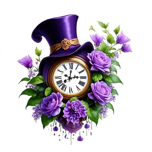 alice in wonderland hat clock plant purple tattoo design idea