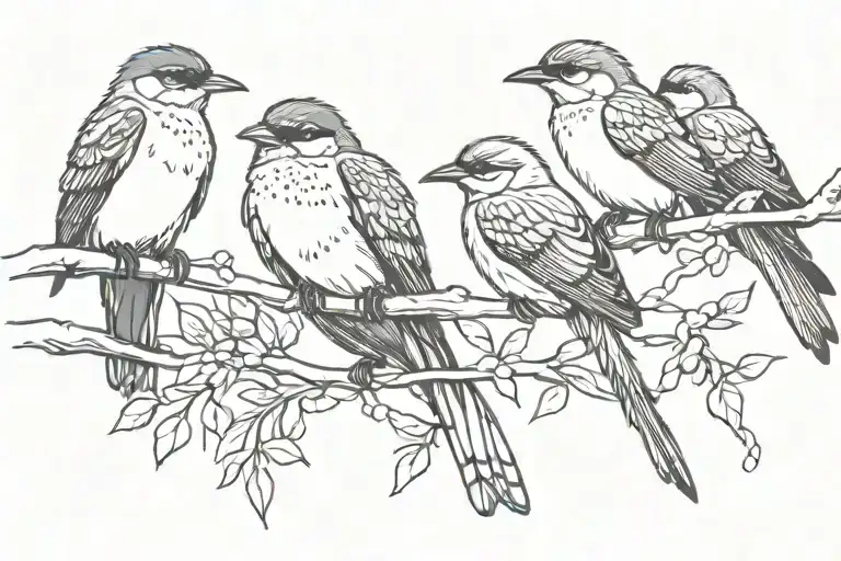 3 birds sitting on the branch snuggled up to one in the middle. all facing the same way. two on the end bigger tattoo design idea