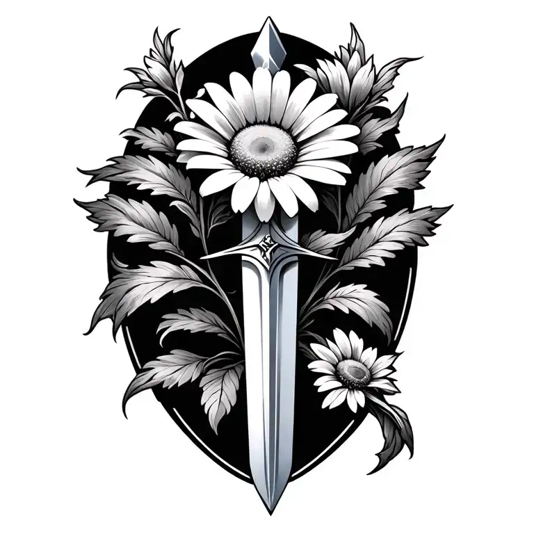 single daisy flower and long crusader sword tattoo design idea