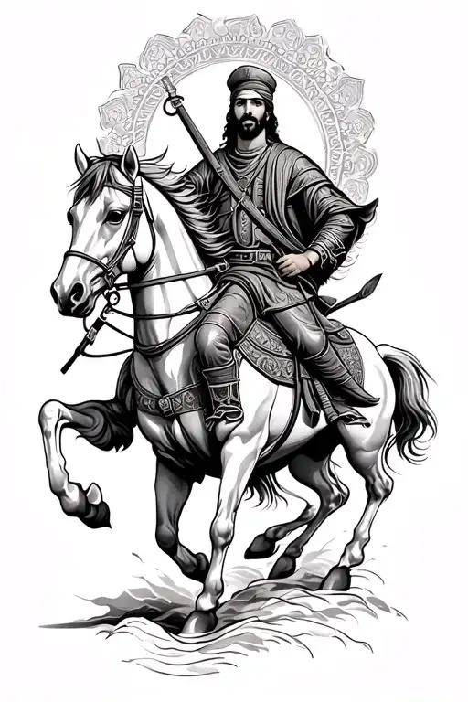 Imam Hussain ( Arab warrior) riding a majestic horse in a traditional style tattoo design idea