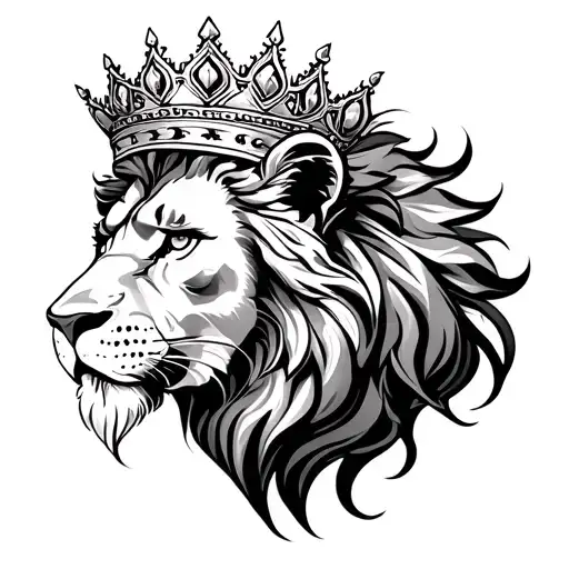 Elegant lion head with crown, fine-line style, gentle and loving expression, symbolizes feminine strength and grace. tattoo design idea