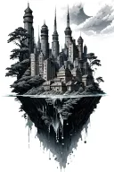 tall towers floating island tattoo design idea