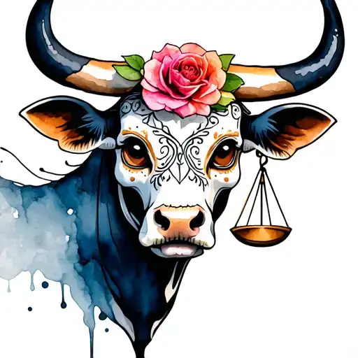feminine bull with sugar skull markings, brown eyes and two Libra scales and dark background tattoo design idea