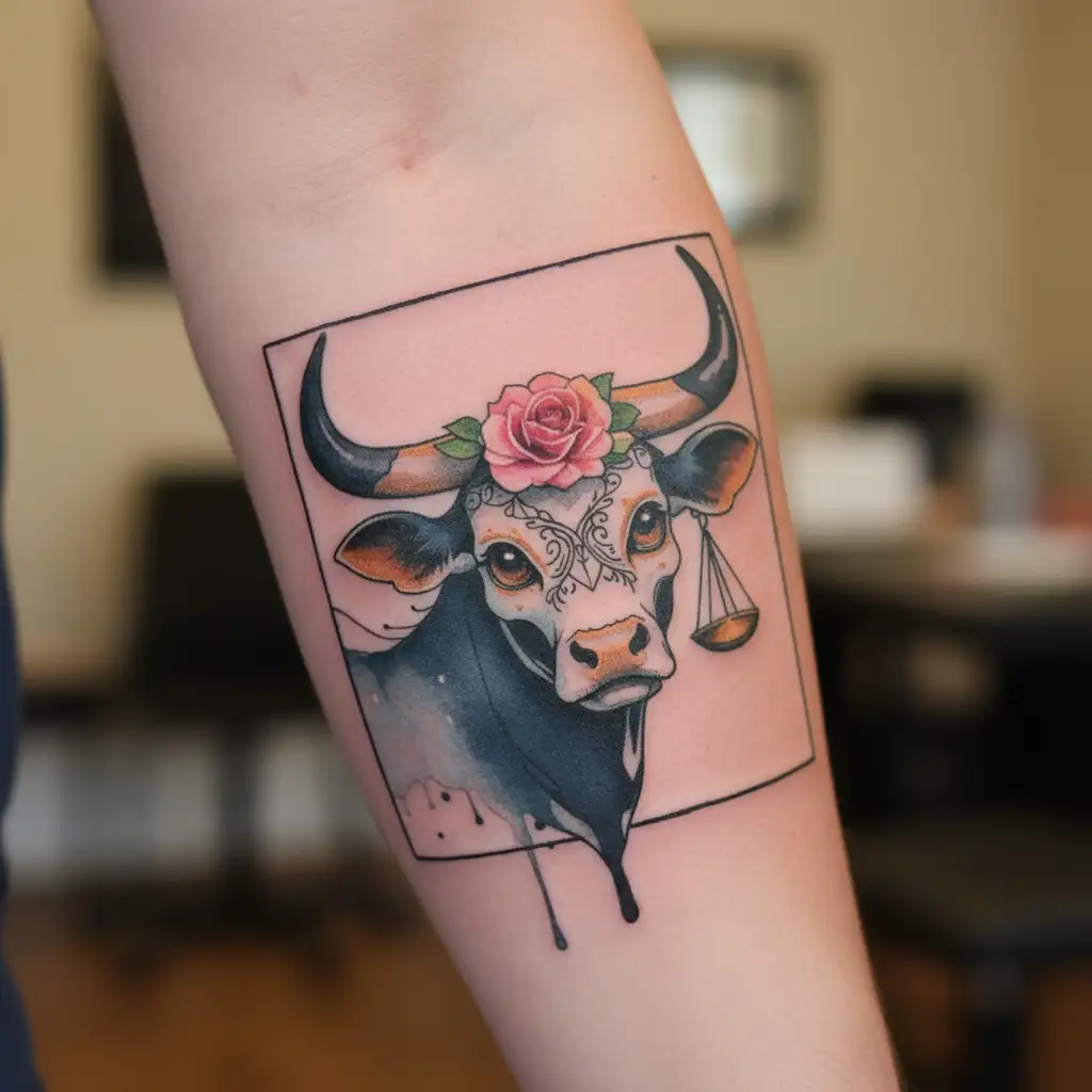 feminine bull with sugar skull markings, brown eyes and two Libra scales and dark background tattoo design idea