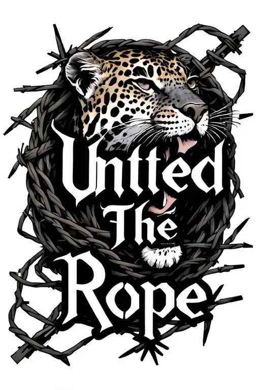 "- Blanco Leopardo, G*59" Old English text with barbed wire surrounding and in between the words "Untied The Rope" tattoo design idea