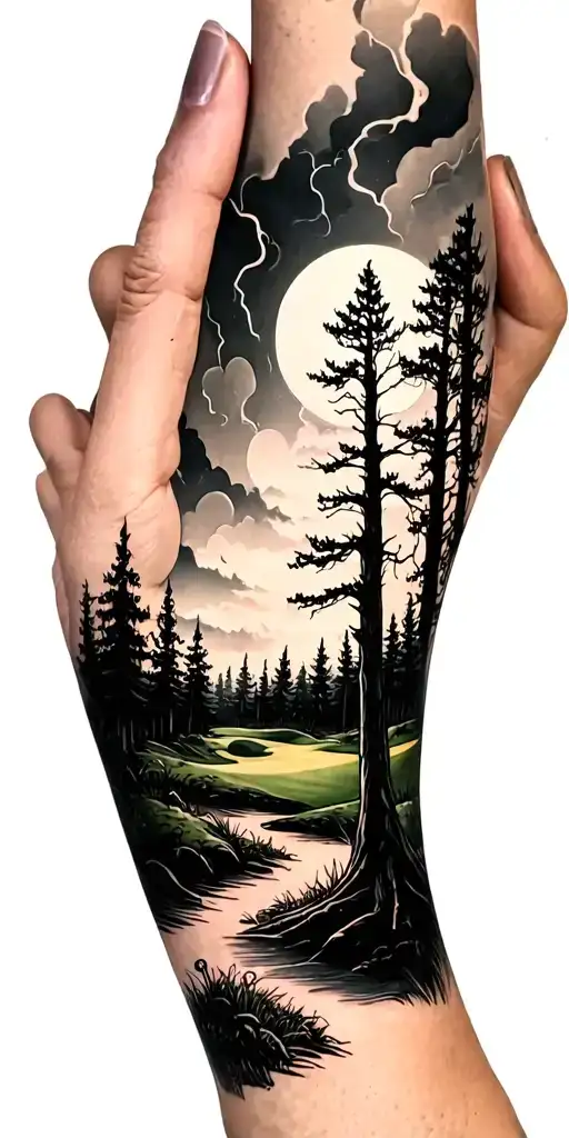 creepy forest scene with stormy sky golf course golf ball tattoo design idea