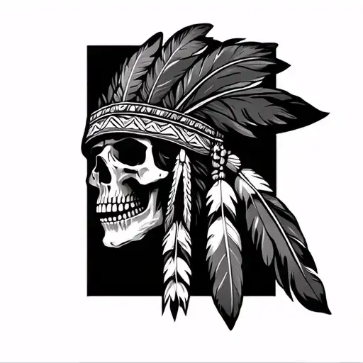 native American feather hat skull tattoo design idea