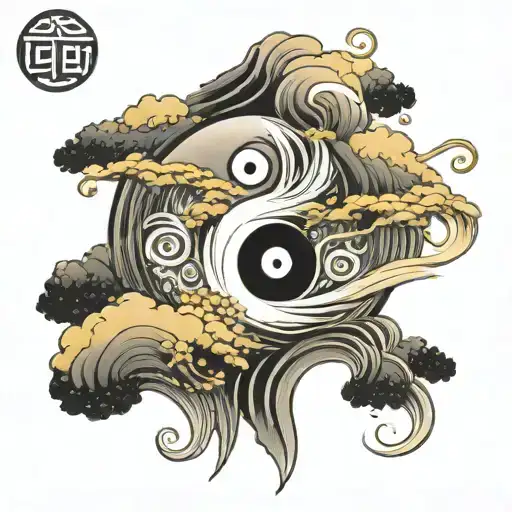 taoist yin yang symbol with a flowing river inside of it the yang part and some flowy mountains in the yin part tattoo design idea