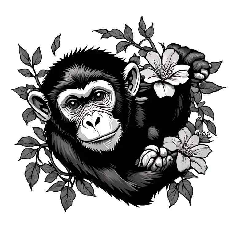 monkey swinging vines flower surrounded tattoo design idea