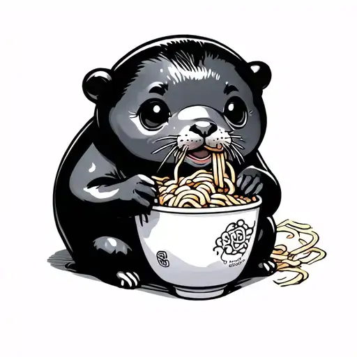 happy baby seal eating ramen tattoo design idea