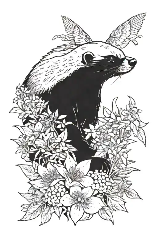 honey badger surrounded by a bouquet of fynbos with humming birds flying alongside  tattoo design idea