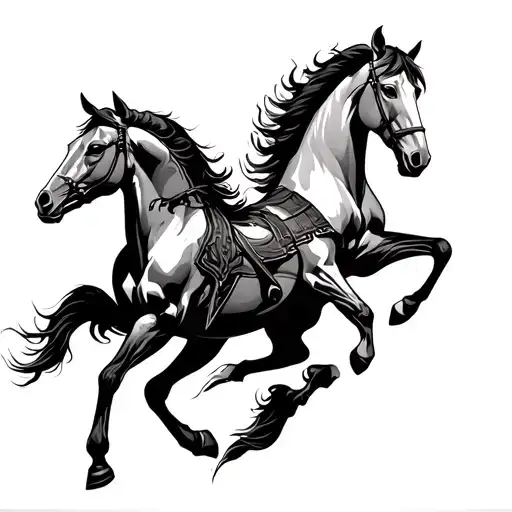 ares the god of war between 2 strong horses running tattoo design idea