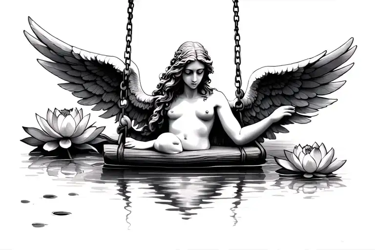 weeping angel with beautiful wings and head down swinging on wooden swingover a body of water that has lotus flowers tattoo design idea