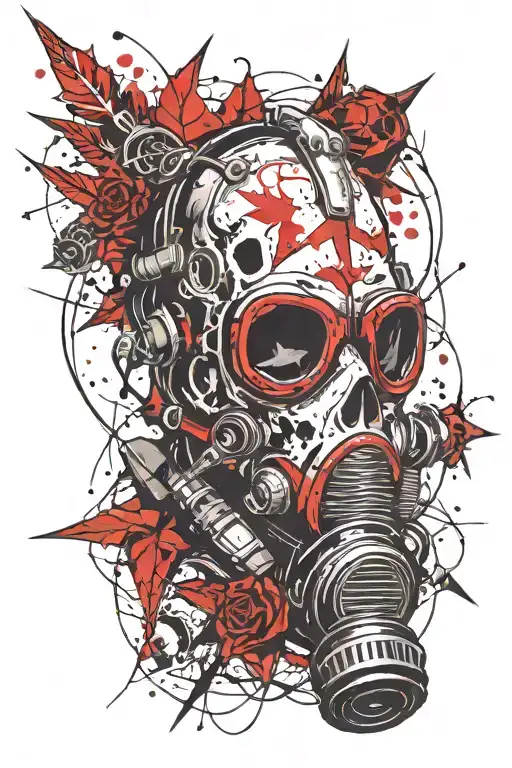 gas mask, skull, pentagram in line tattoo design idea