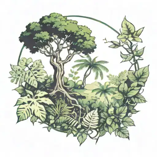 BEAUTIFUL JUNGLE AND LEAVES AND TREE tattoo design idea