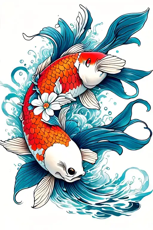 flores y pez koi fish swimming upstream tattoo design idea