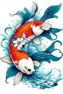 flores y pez koi fish swimming upstream tattoo design idea