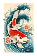 flores y pez koi fish swimming upstream tattoo design idea