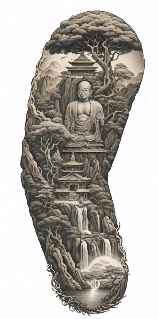 spiritual buddhist tattoo featuring a traditional scenary and nature including spiritual elements tattoo design idea