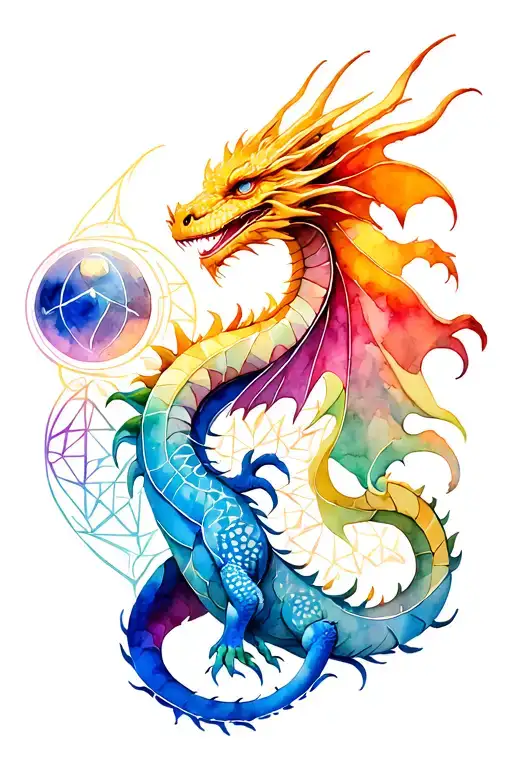 design: feminine dragon crawling upwards. around her: sacred geometry, orbs tattoo design idea