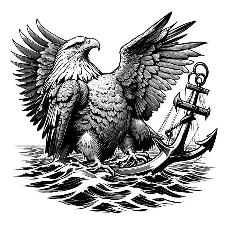 bald eagle perched on top of anchor with a clipper ship in stormy seas tattoo design idea