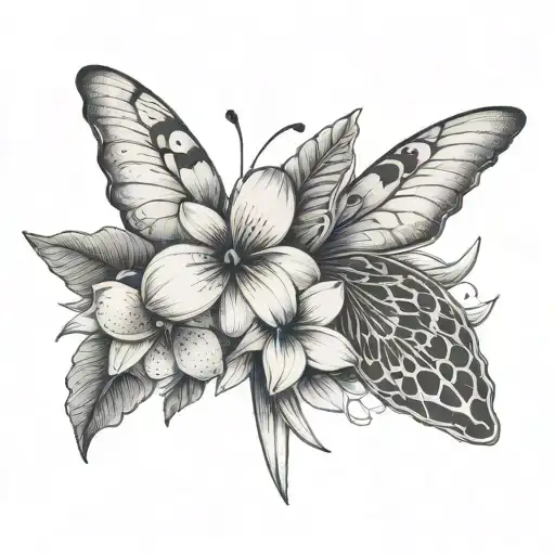 fine line tattoo with frangipani, a Christian cross and a butterfly tattoo design idea