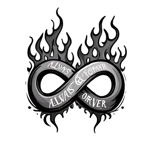 infinity symbol with always and forever written in it with flames tattoo design idea