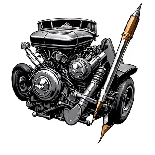 "Tony" car engine with the needle tattoo design idea