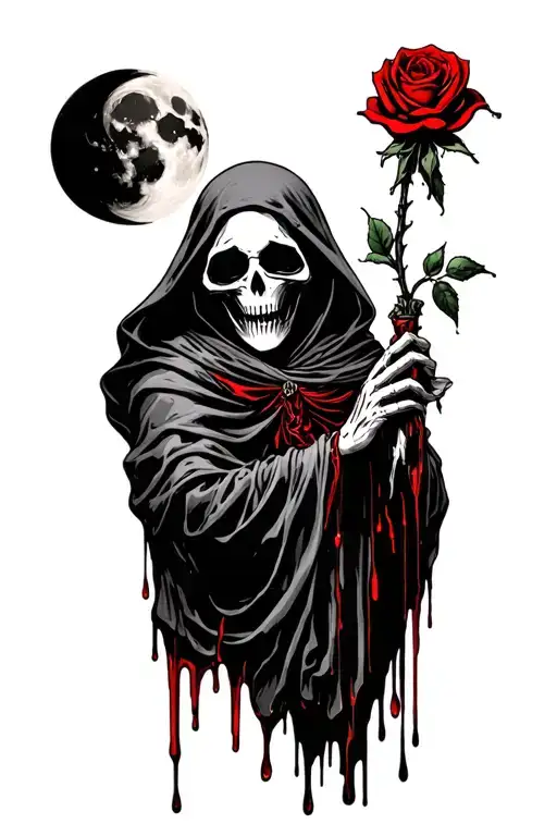 grim reaper holding a rose dripping blood with a moon over it tattoo design idea
