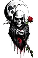 grim reaper holding a rose dripping blood with a moon over it tattoo design idea
