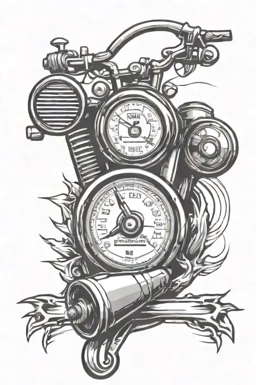 Digital speedometer, spark plug, cylinder, sports rim, fire tattoo design idea