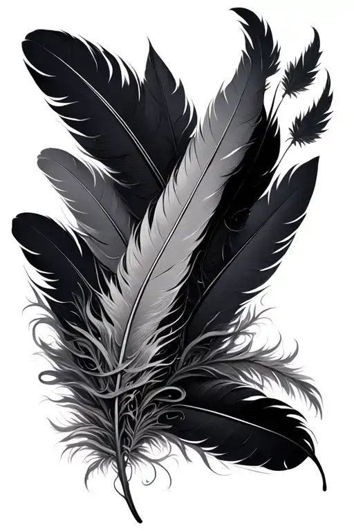 full sleeve of a bunch of feathers covering my entire arm with vines intertwining them in a black and grey color scheme  tattoo design idea