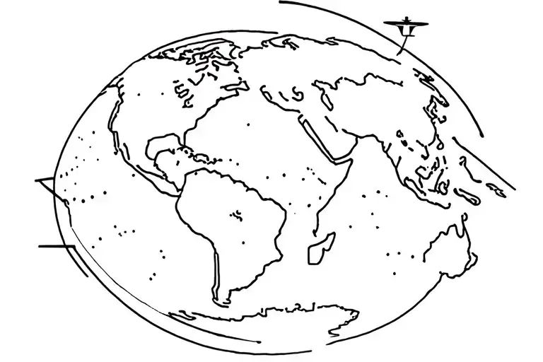 A simple globe containing all 7 continents with a small simple plane flying around it while following a dotted line tattoo design idea