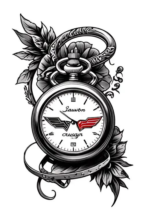 Lawson calligraphy brush with pocket watch, corvette emblem and slot machine tattoo design idea